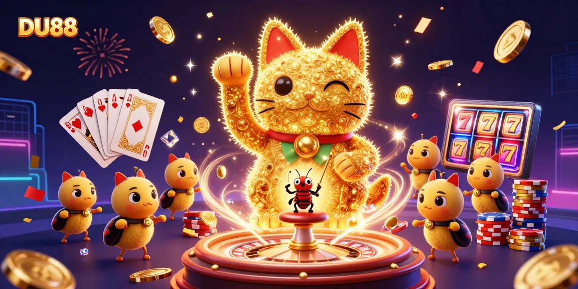 Experience the excitement of DU88 with a dazzling lucky cat surrounded by casino symbols and treasures.