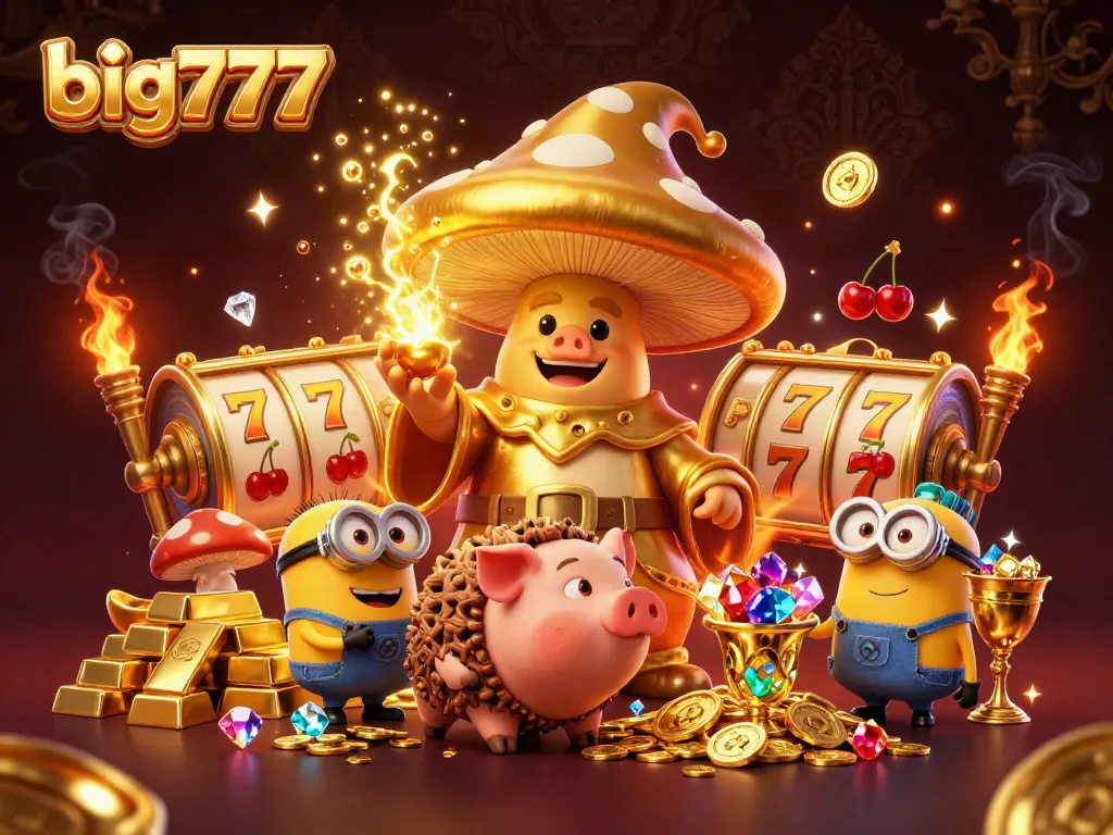 Experience the magic of big777 with a golden mushroom wizard, treasure, and thrilling slots.