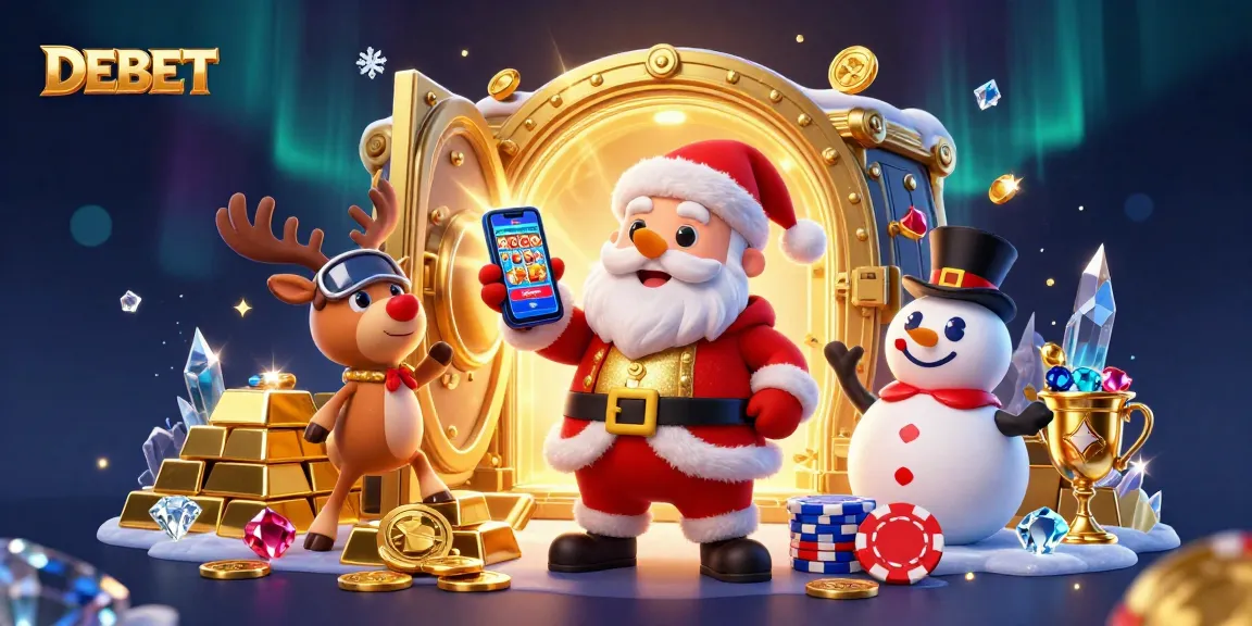 Experience excitement with DEBET's festive gaming features; Santa, reindeer, and a snowman portrait.