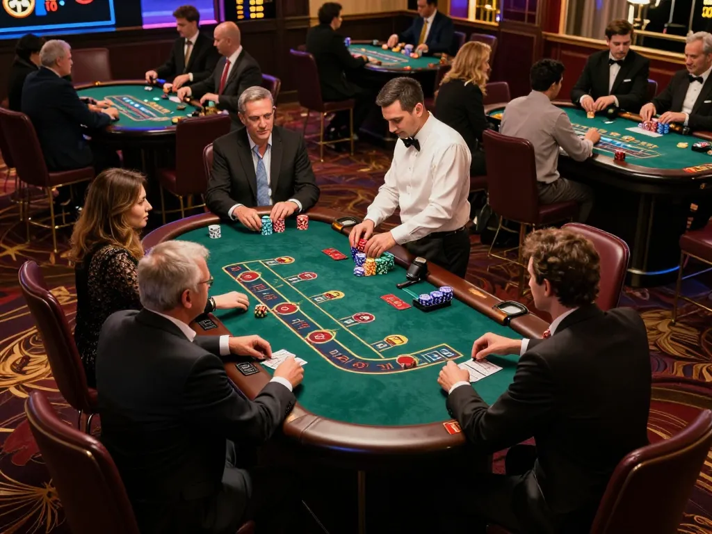 FIVE88 players strategizing during an exciting blackjack game on the casino floor