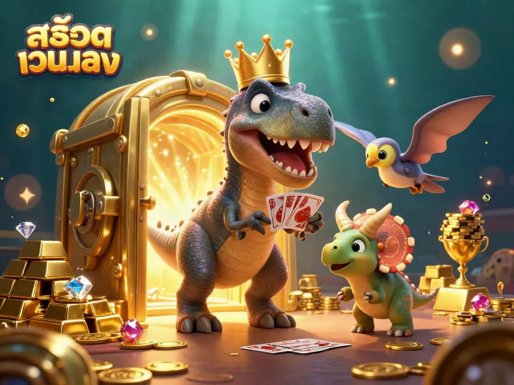 Engage with สล็อตเว็บตรง as a T-Rex and friends enjoy a vibrant casino scene, shuffling cards and stacking chips.