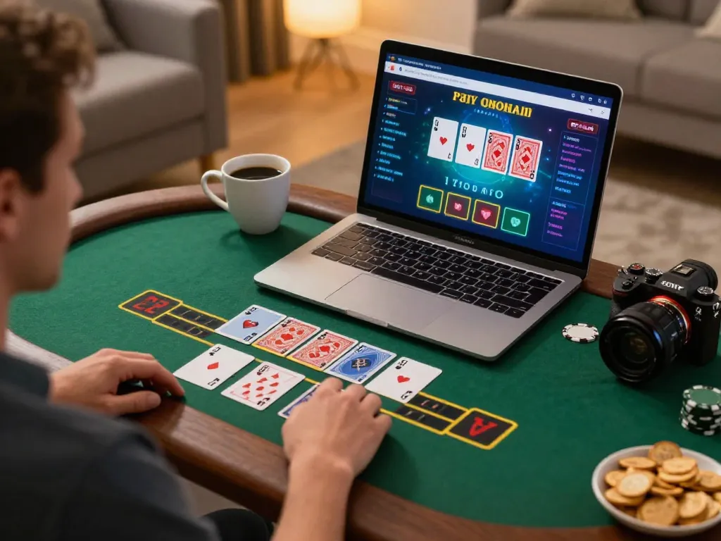 vt88 player excitedly engages in online blackjack at home, showcasing dynamic gaming atmosphere with warm lighting