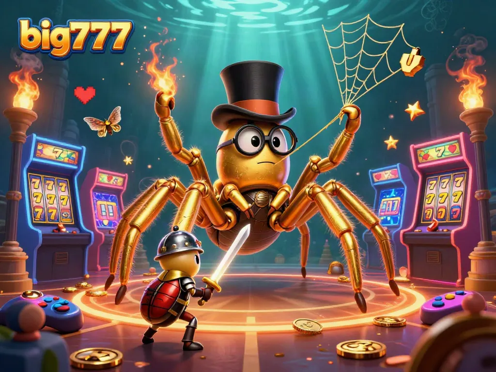 Experience big777 thrills with a golden tarantula, beetle knight, and vibrant casino elements!