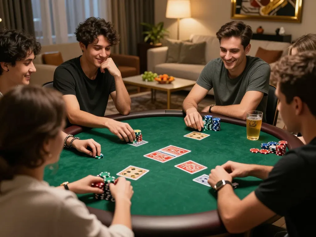Friends enjoying a poker night at home while engaging in TWIN68 gaming strategies and laughter