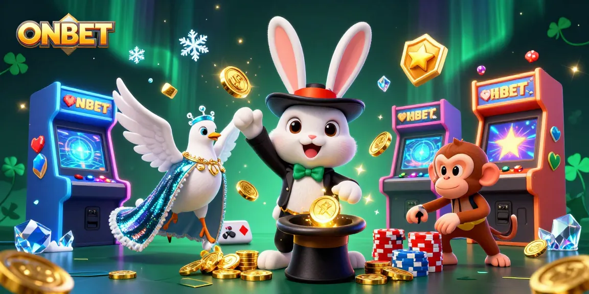 Experience magical winnings at ONBET with a dazzling scene of a magician rabbit and playful characters.