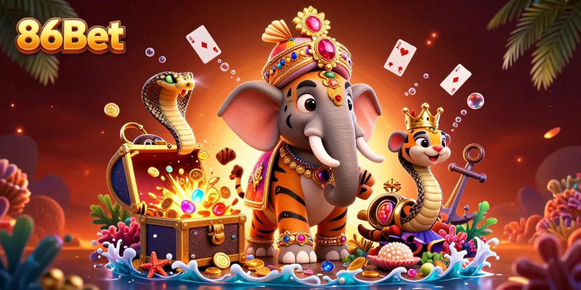 Engage with 86Bet's thrilling casino vibe, featuring vibrant 3D characters and dynamic gambling elements.