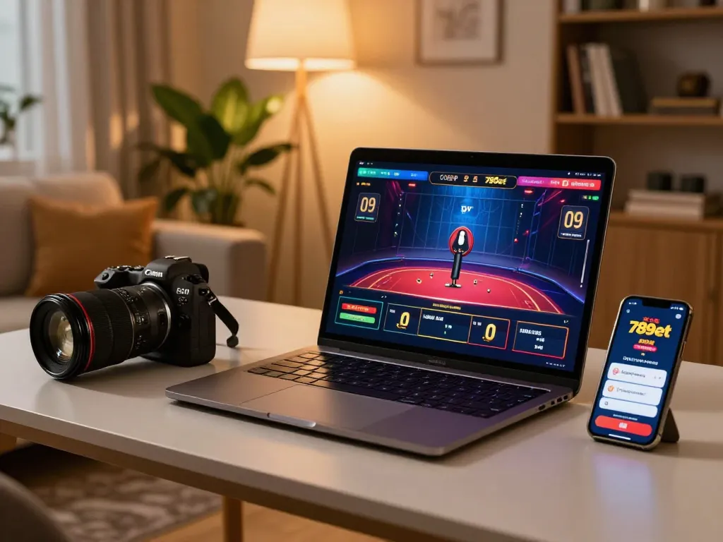 Engaging with the nhà cái 789bet app on a smartphone while enjoying a live dealer game on a laptop, showcasing responsible online gambling.