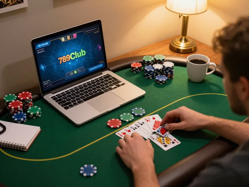 Trải nghiệm trò chơi poker trực tuyến hấp dẫn tại 789club, trình diễn những chip và bài đa sắc trên bàn.