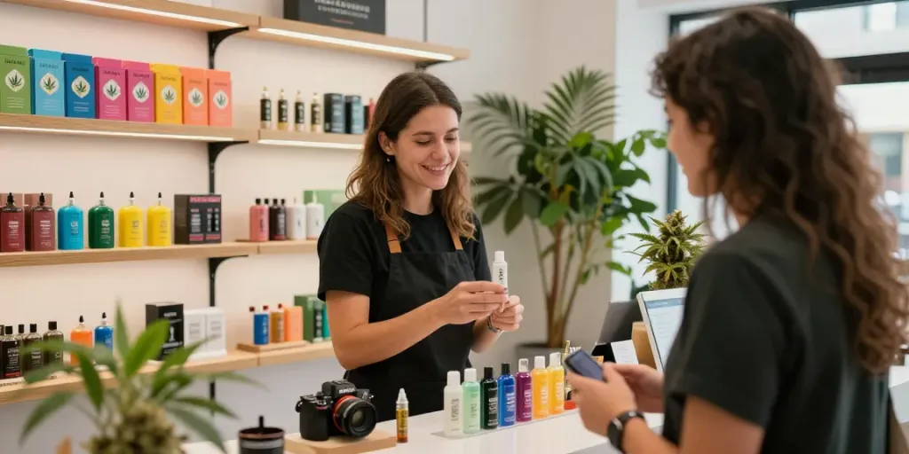 Customer examining Clear Chronic products in a stylish cannabis retail shop.