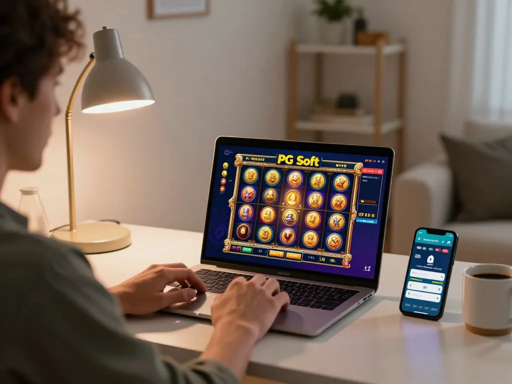 Berinteraksi dengan Slot Demo PG Soft Lengkap di meja kerja stylish
