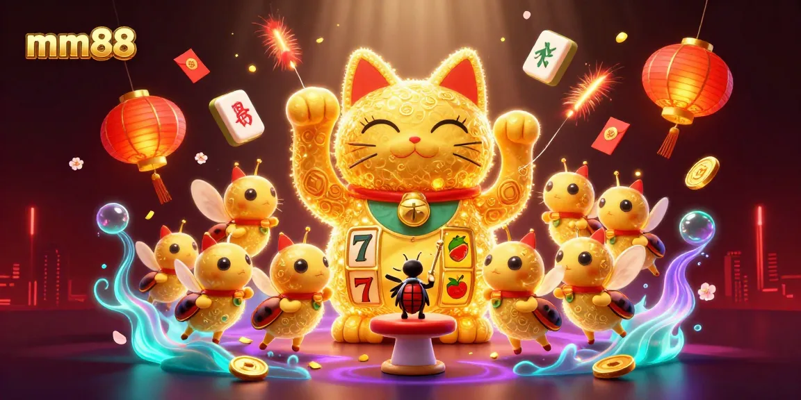 Experience the excitement of mm88 with a vibrant 3D lucky cat illustration set in a dynamic casino environment.