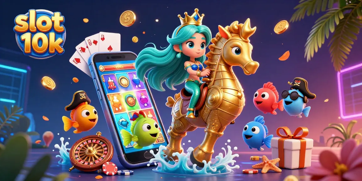 Experience the thrill of slot 10k with vivid characters and vibrant casino elements in this immersive illustration.