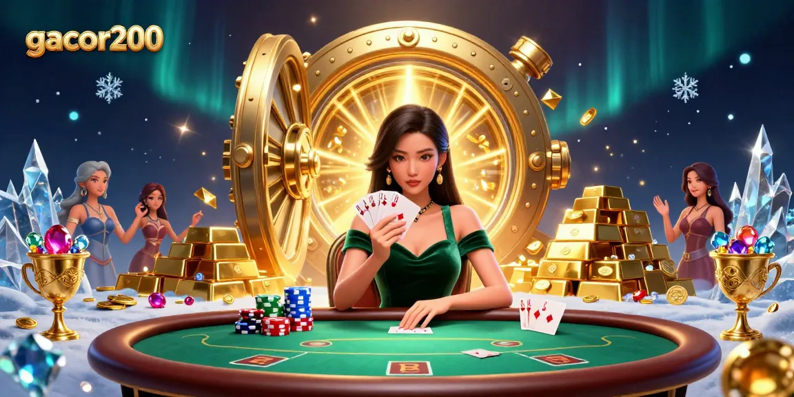 Experience winning strategies at gacor200 with an Asian woman playing poker surrounded by treasures.