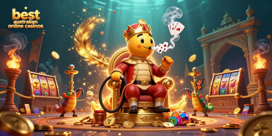 Experience the excitement of the best australian online casinos with vibrant elements and characters in a 3D illustration.