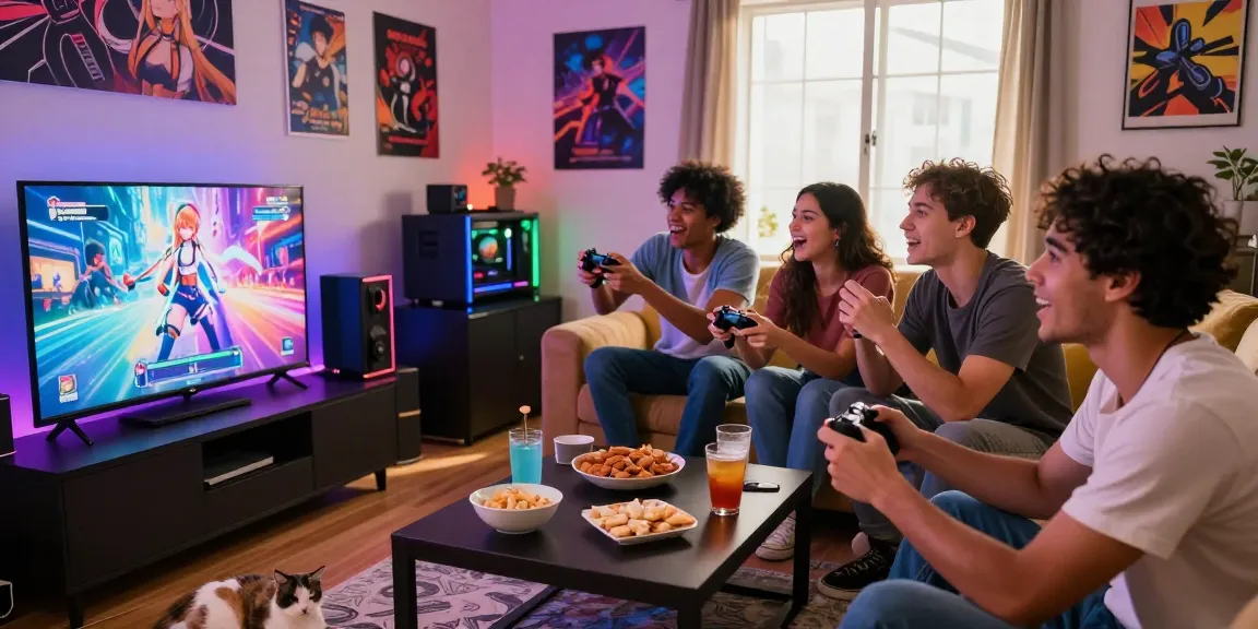 Friends enjoying a hentai game together in a cozy setting with snacks and drinks.