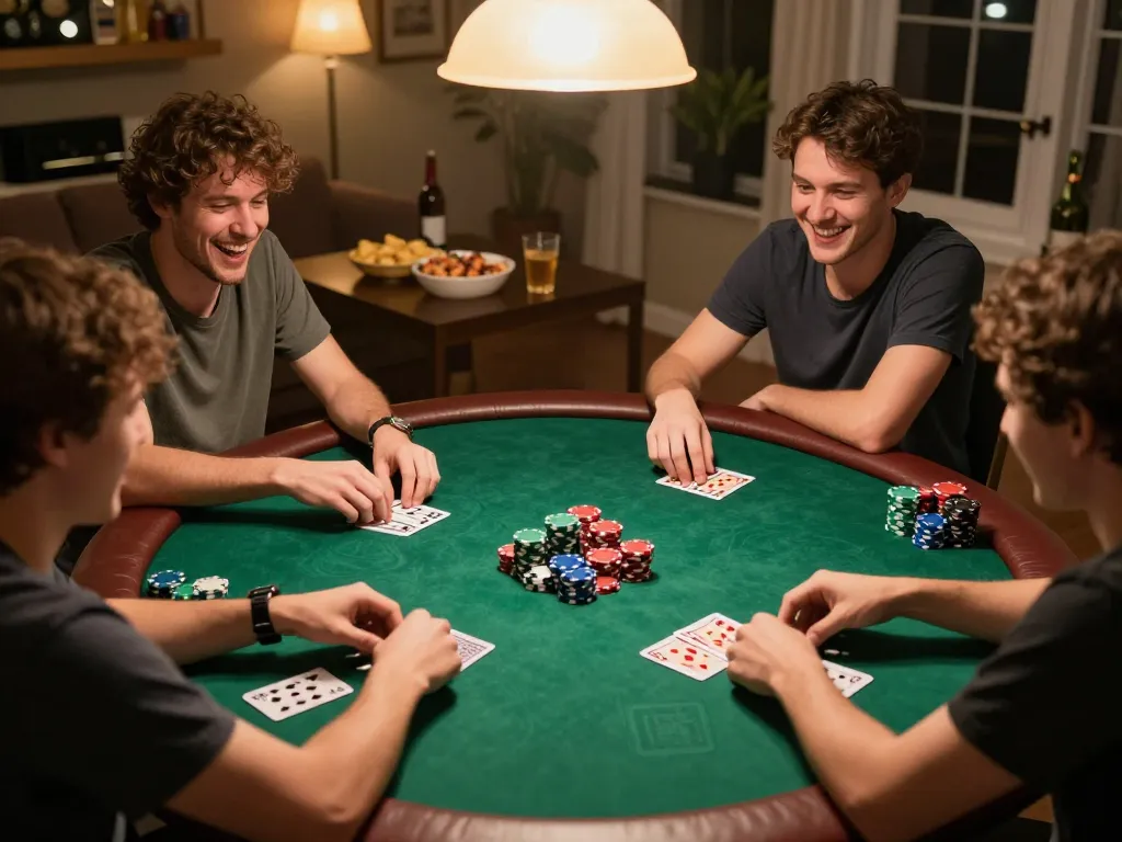 Players engage in a competitive poker game at home during a lively soc88 poker night, highlighting strategic gameplay.