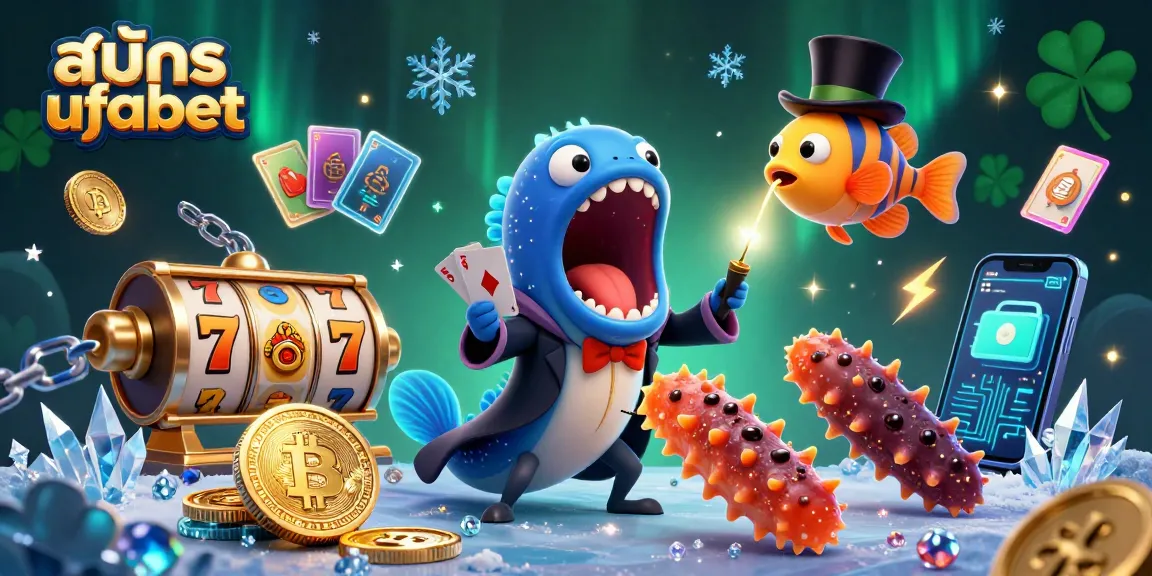 Experience สมัคร ufabet with a magical 3D illustration of a deep-sea gulper eel performing card tricks in a vibrant casino setting.