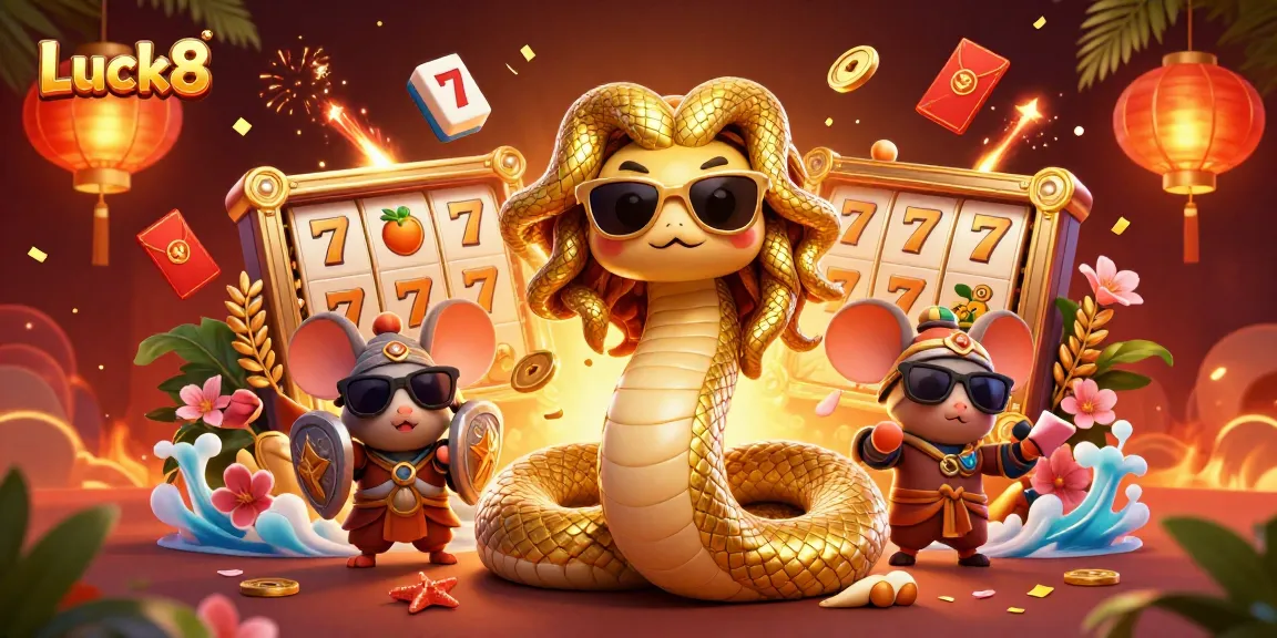 Engage with Luck8 and try your luck at dynamic slot games amidst vibrant casino imagery.