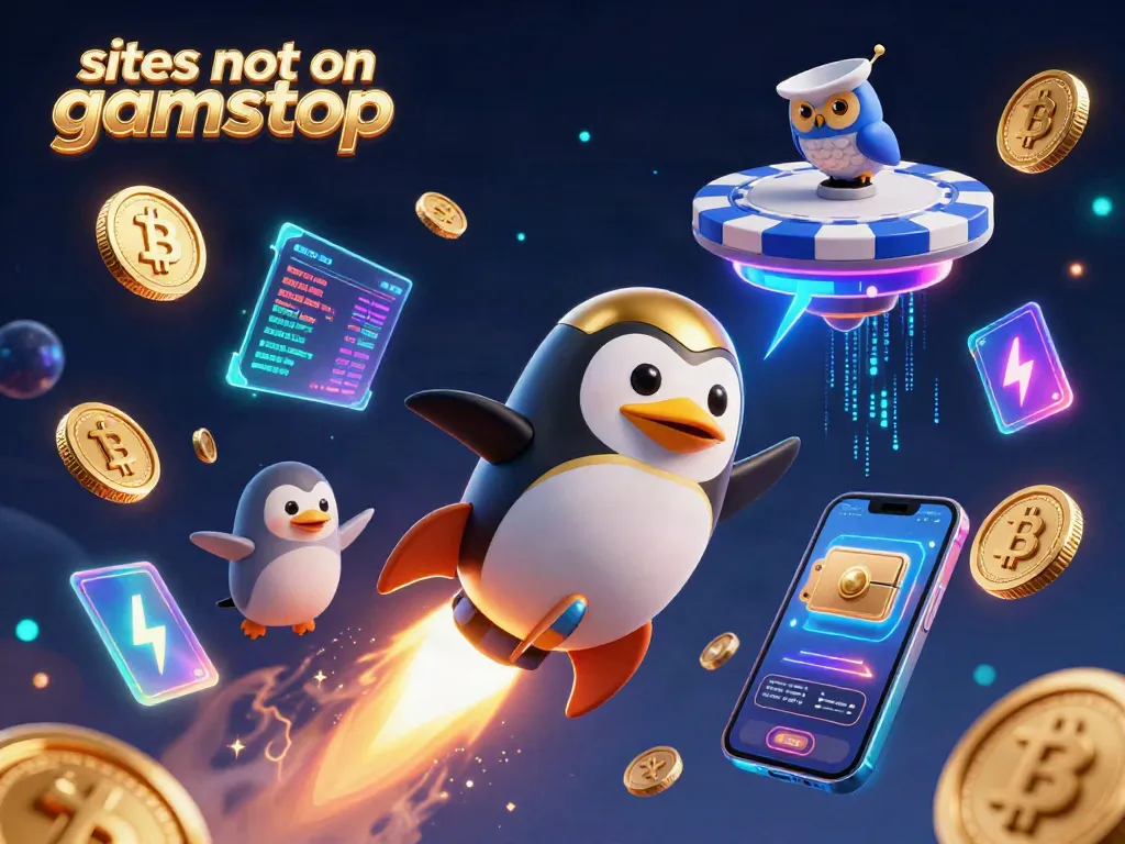 Play at exciting sites not on gamstop with a golden rocket penguin soaring towards a vibrant casino.