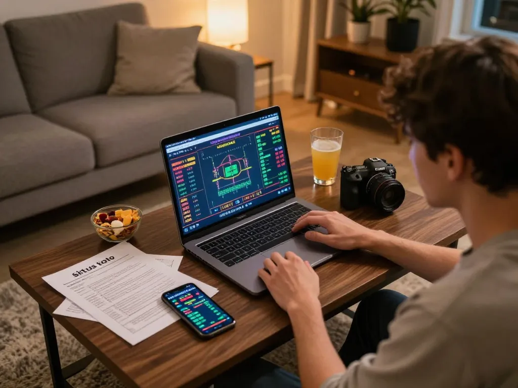Pemain yang terlibat dalam permainan situs toto online dengan catatan strategi di lingkungan rumah yang nyaman.