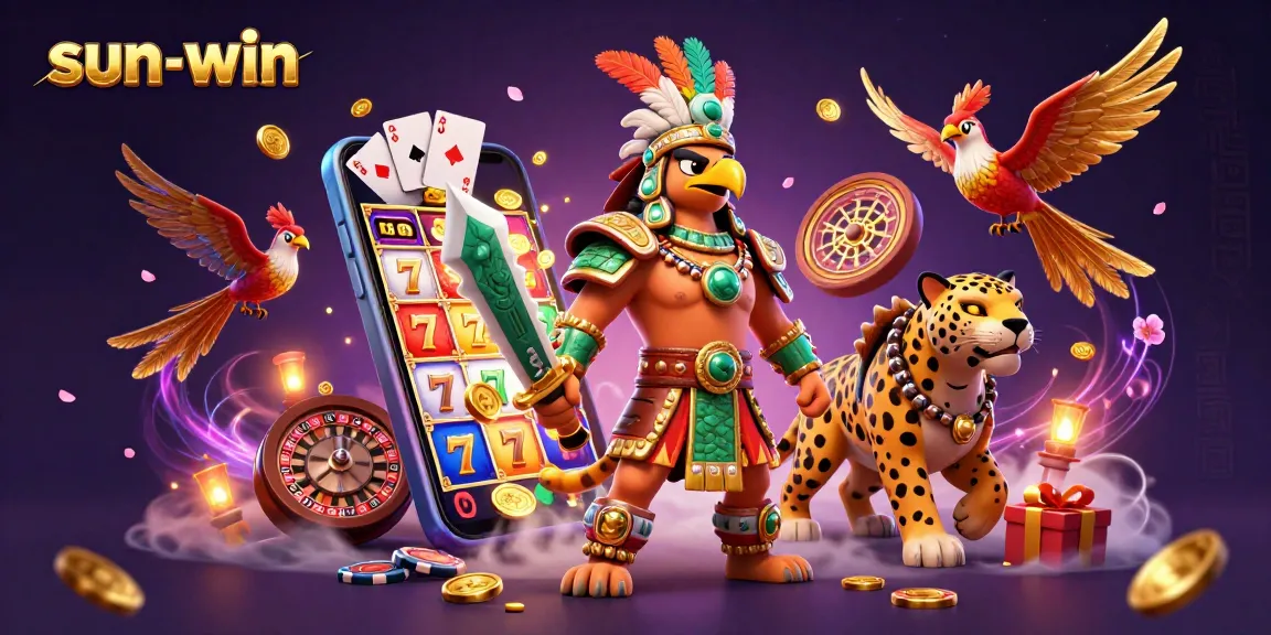 sun-win captures the excitement of casino gaming with vibrant slot and card illustrations