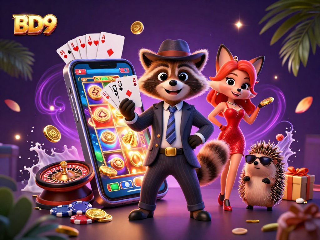 Experience the excitement at BD9 gambling platform with charming characters and vibrant casino elements.