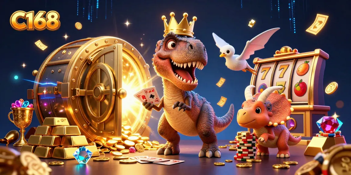 C168 showcases a lively casino scene with a T-Rex shuffling cards and a triceratops stacking chips amidst slot symbols.