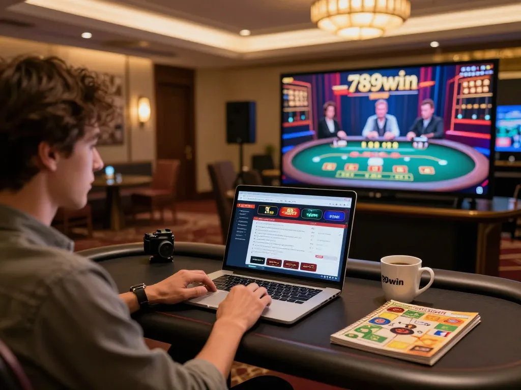 Player immersing in online gameplay at 789win casino, laptop screen displaying vibrant gaming interface.