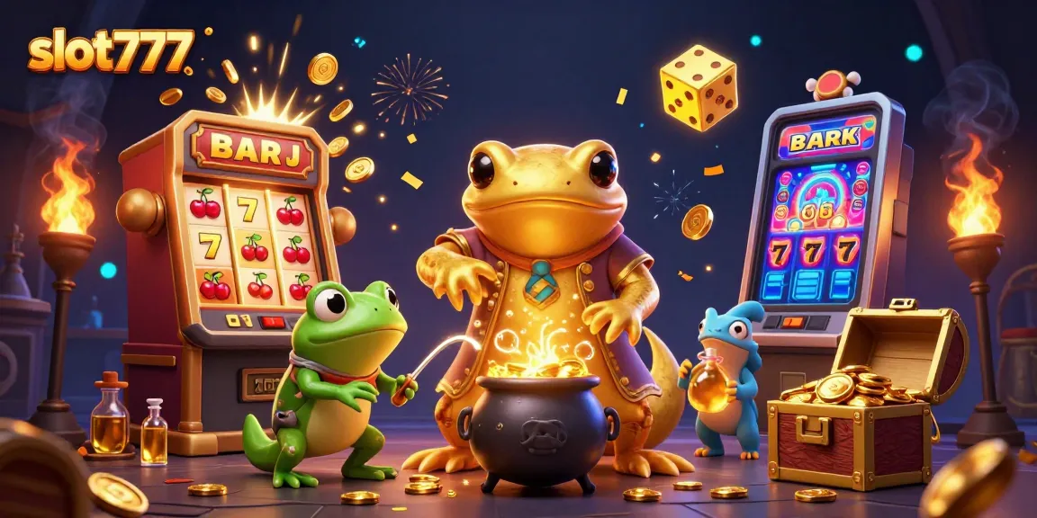 Slot777 menampilkan ilustrasi kasino ceria dengan mesin slot meledak koin emas.