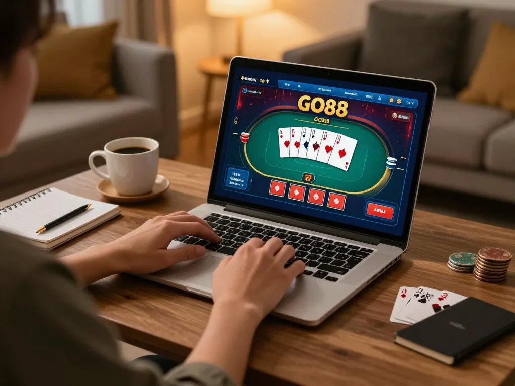 Engaging in GO88 online poker gameplay at a cozy home setup.