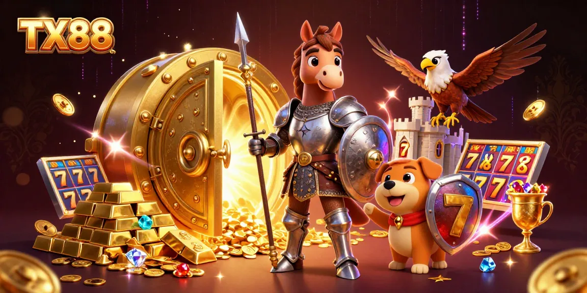Engage in thrilling gameplay at TX88, surrounded by vibrant casino elements and treasures.