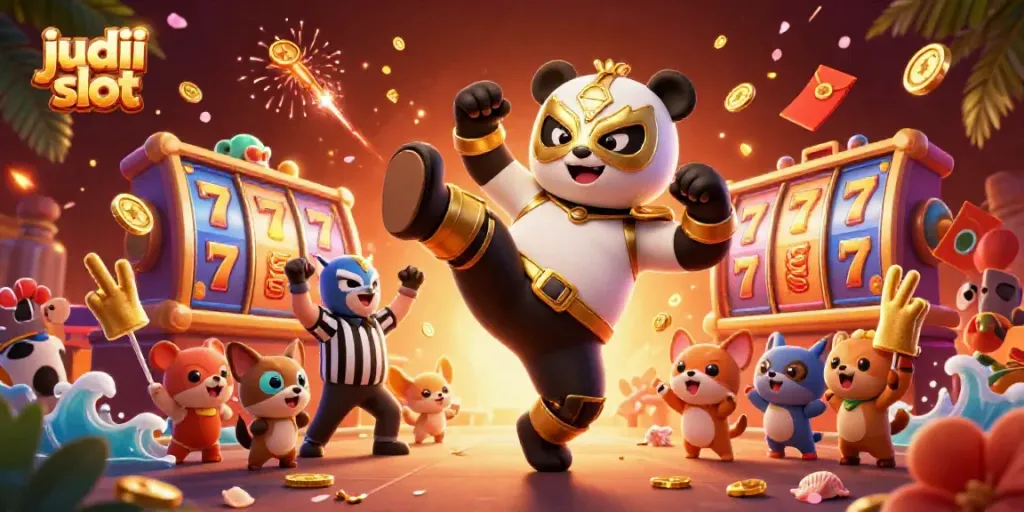 Judi slot diilustrasikan dengan panda petarung terbang dan penonton hewan kecil, menampilkan kemeriahan kasino.