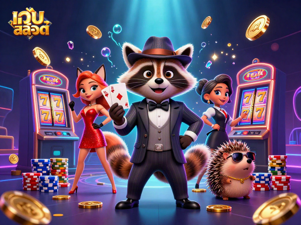 Win big with เว็บสล็อต as a suave raccoon plays cards alongside a glamorous fox lady and a bouncer hedgehog.