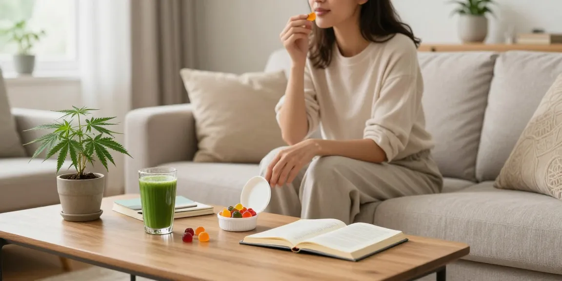 Experience premium cannabis edibles for natural wellness in a cozy living room setting with gummies and CBD products.