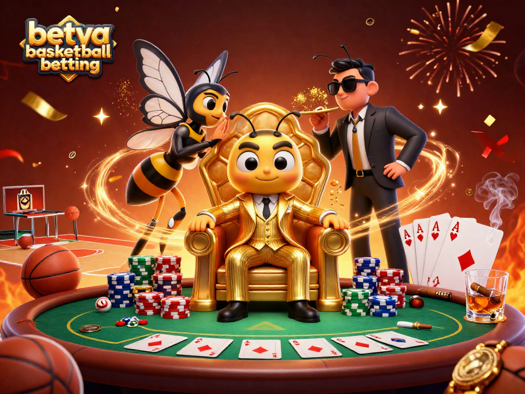 Engage in betya basketball betting with a vibrant 3D illustration of a bumblebee mob boss and poker elements.