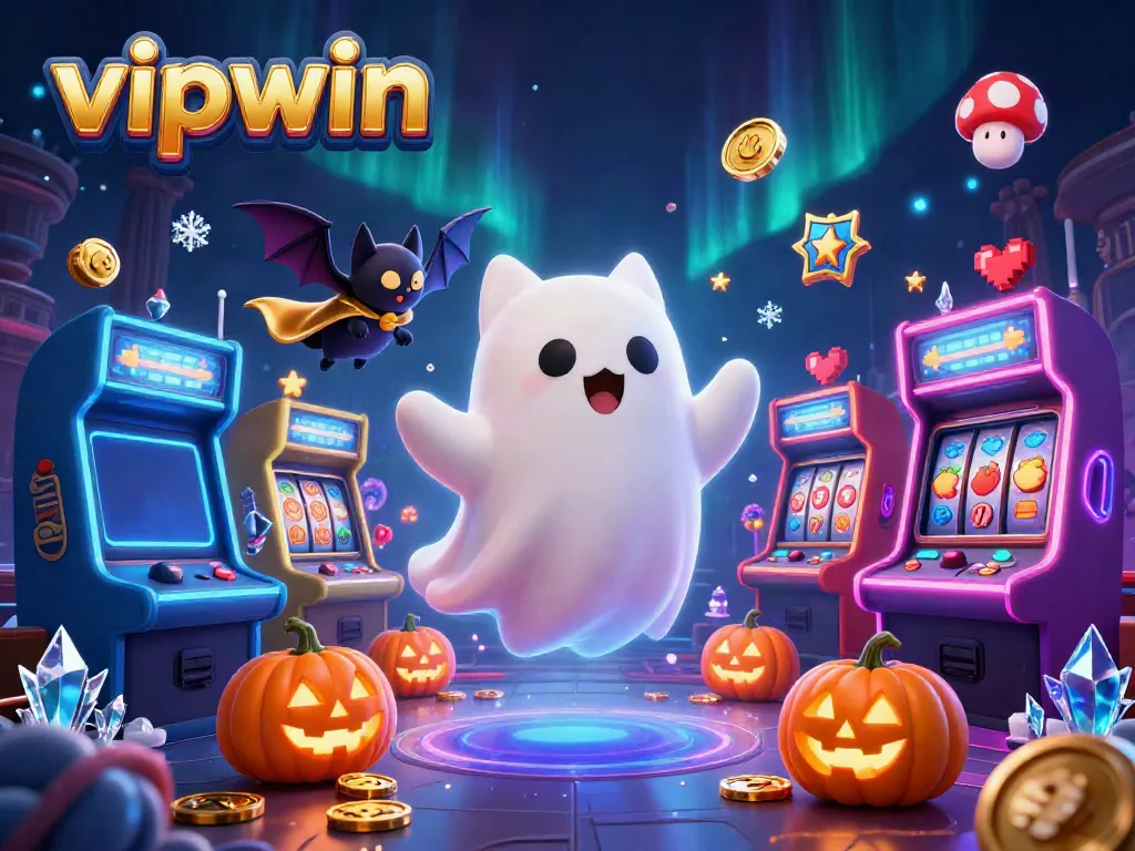 Experience thrilling wins at vipwin with a ghost cat and vampire bat in a spooky casino scene