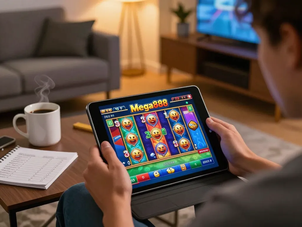 Mega888-mega888 gameplay interface displayed on tablet during cozy home session, emphasizing engaging online gambling.
