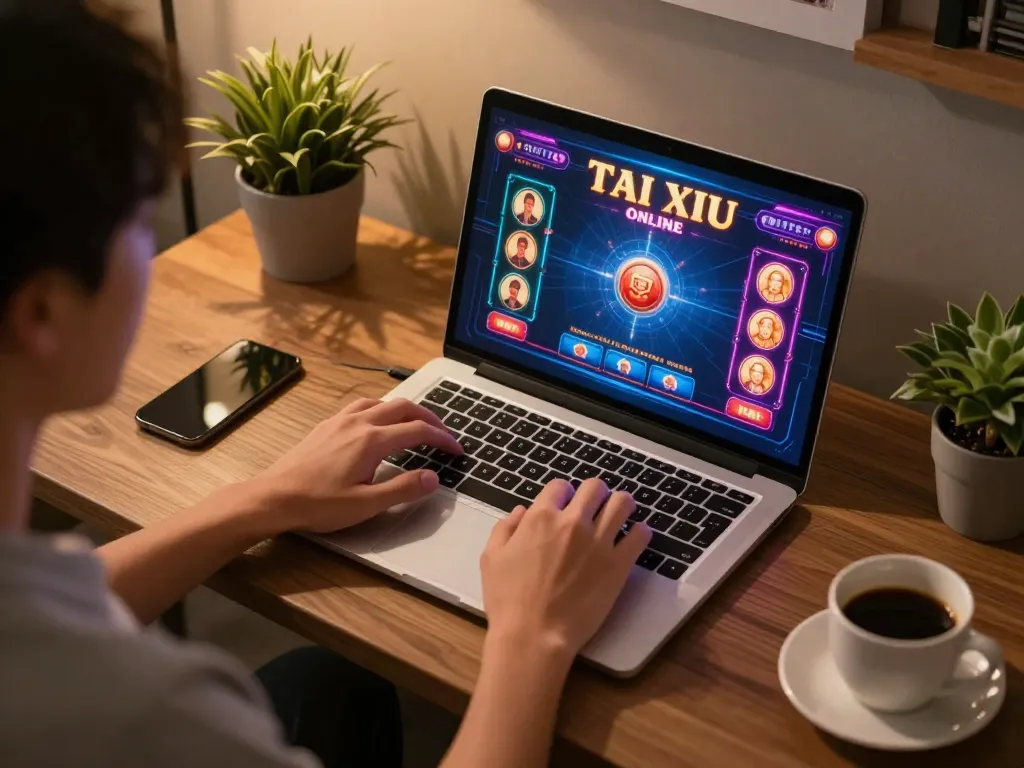 Tai Xiu Online gameplay in modern home setup, highlighting an engaged player and vibrant casino graphics.
