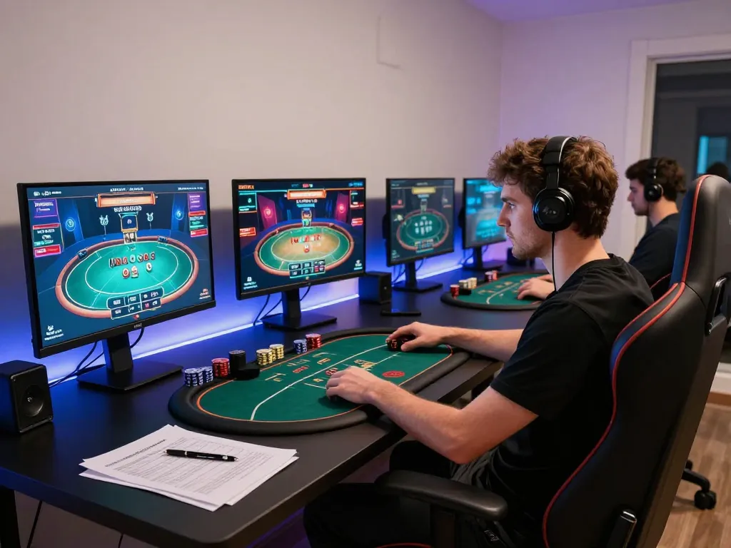 Engaged player focusing on an online poker game while researching ดูหนังใหม่ strategies in a well-lit gaming setup.