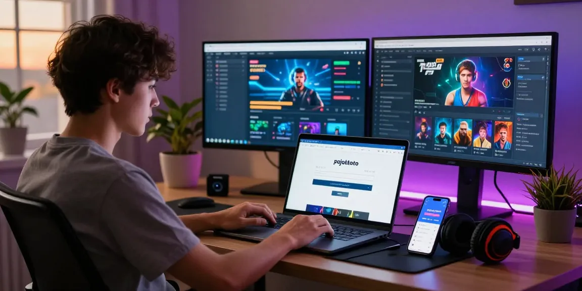 User engaging with pajaktoto login interface on sleek laptop in a vibrant home office setup.