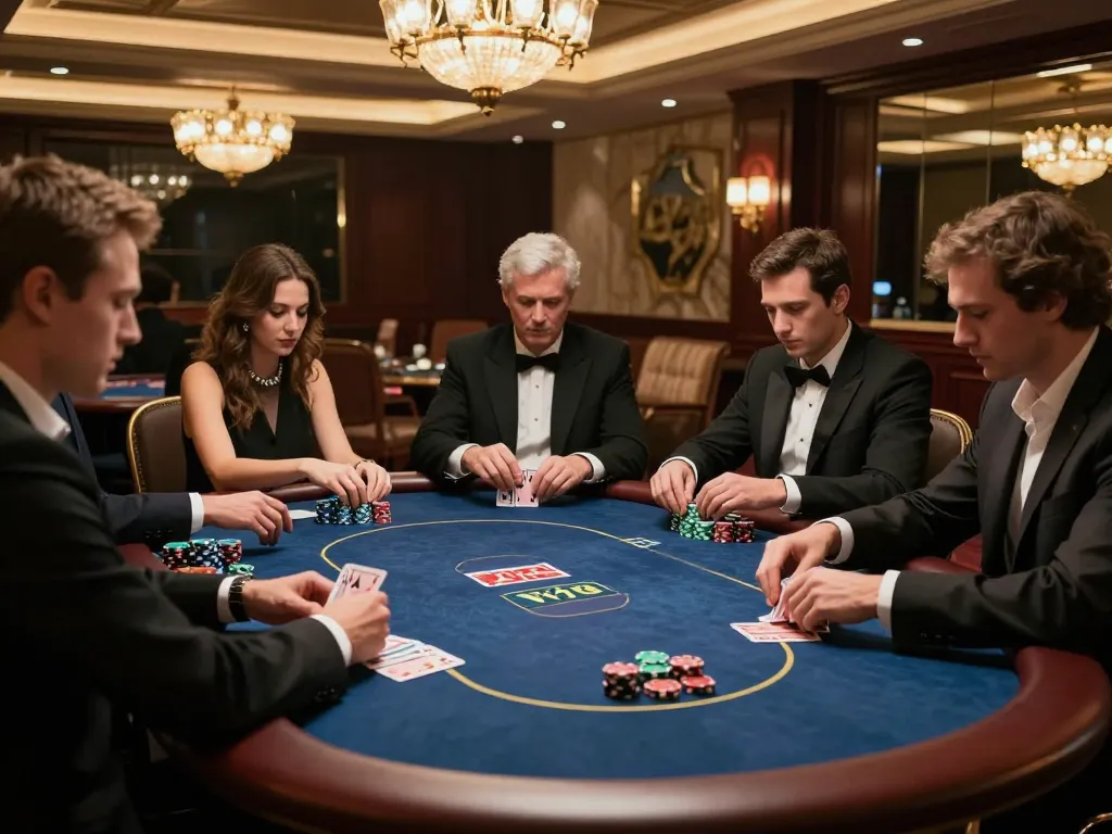 Players strategizing over poker cards at VN789 casino, immersed in high-stakes gameplay