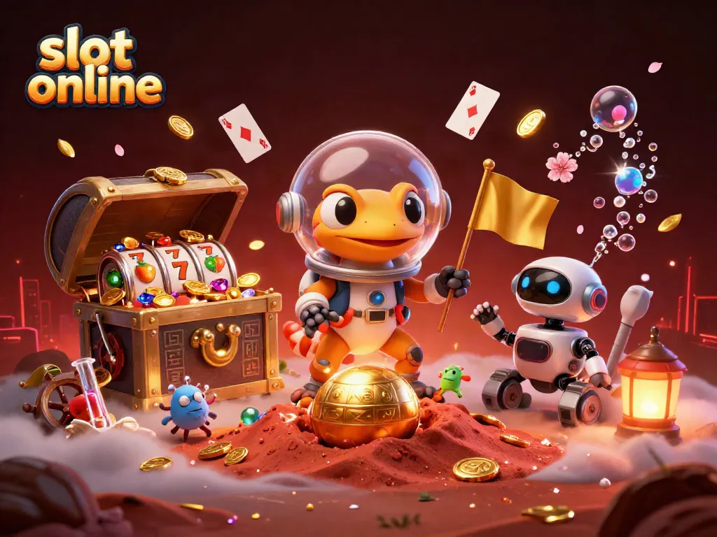 Engage in slot online games amidst a vibrant 3D casino scene with gold treasures and playful geckos.