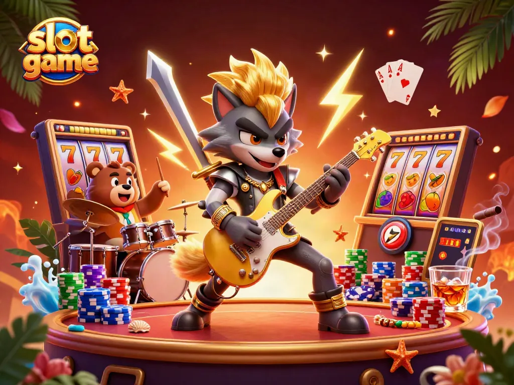 Slot game dengan karakter seru seperti serigala dan beruang di panggung kasino.