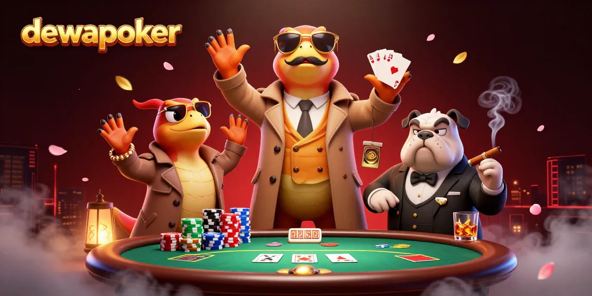 DewaPoker raptors humorously attempting to access VIP casino, surrounded by vibrant poker elements.