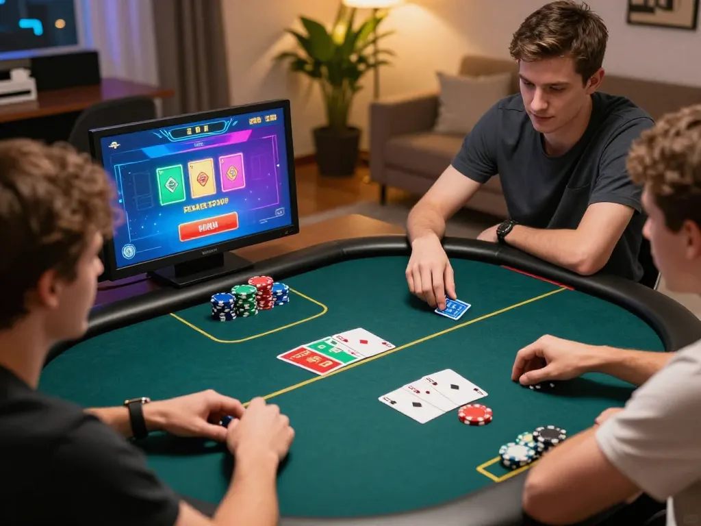 Kuwin players engaged in strategic online poker gameplay on their devices, showcasing excitement and focus.