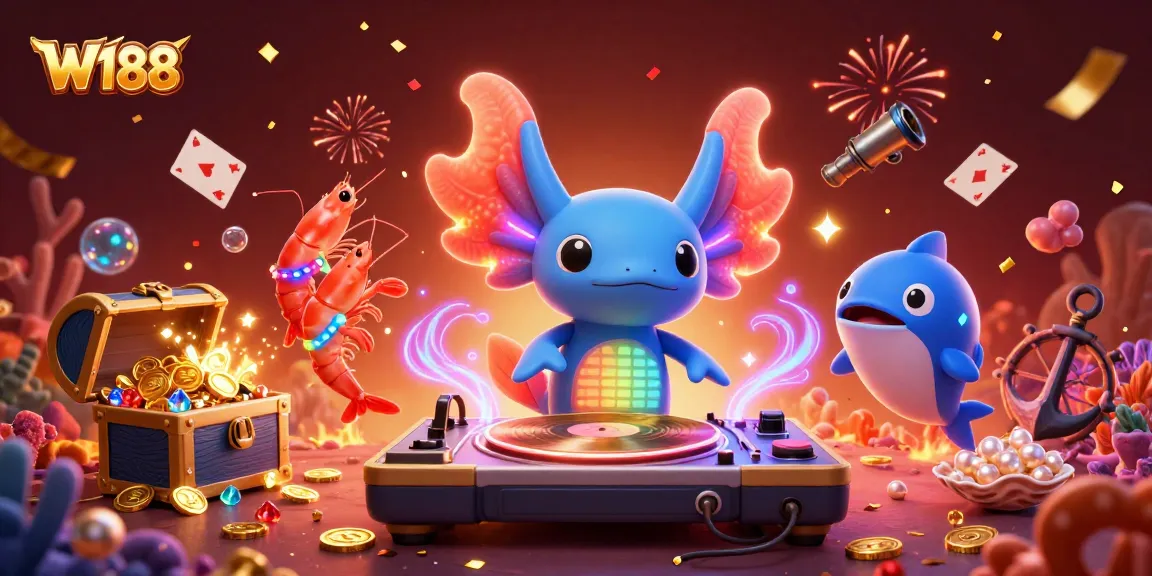 Experience vibrant gaming action with W188's axolotl DJ and glowing shrimp performers amidst colorful underwater treasures.