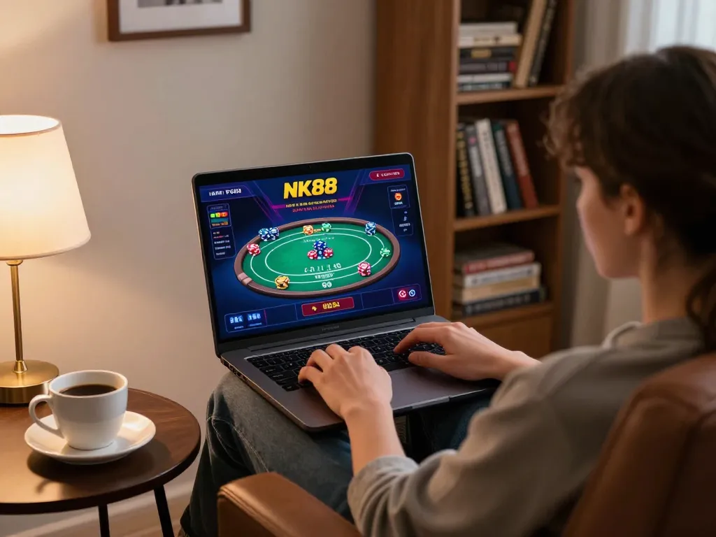 Navigating NK88 online casino games, a player engages comfortably in a strategic poker session.