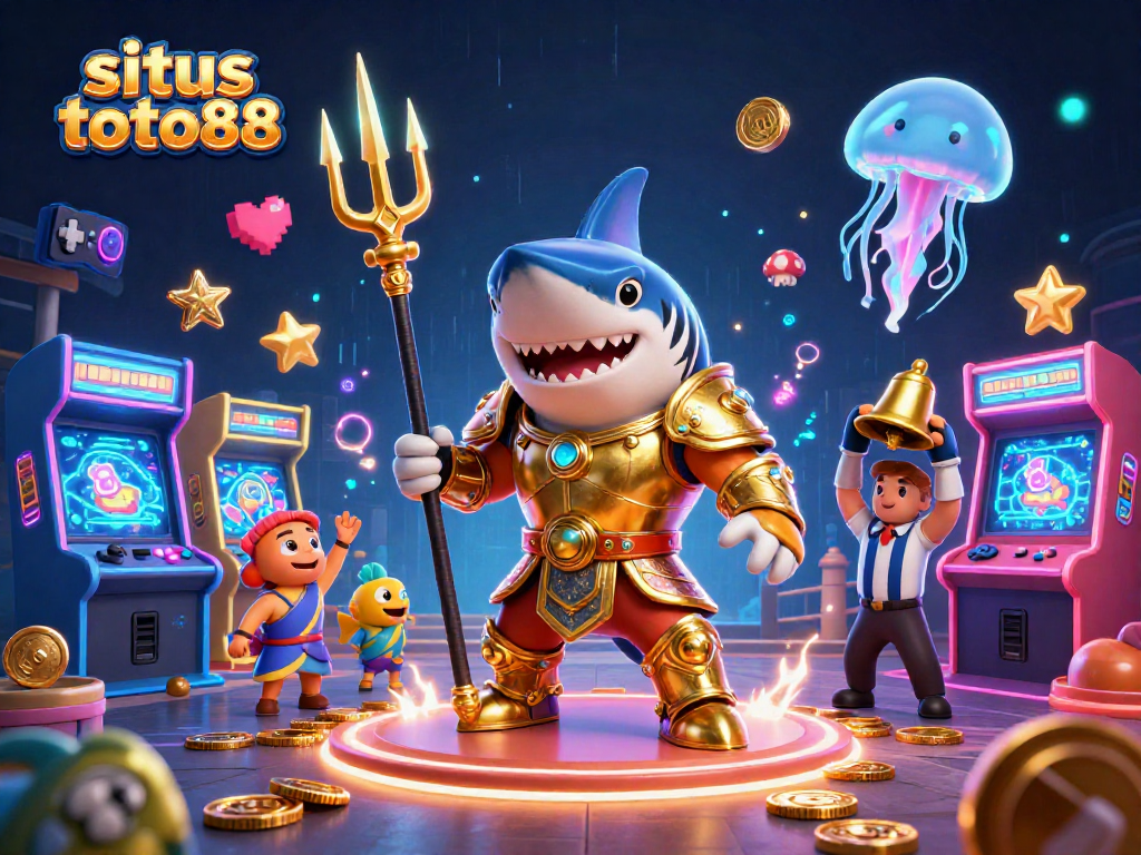 Experience winning at situs toto88 with a vivid underwater casino illustration featuring a shark in gladiator armor.