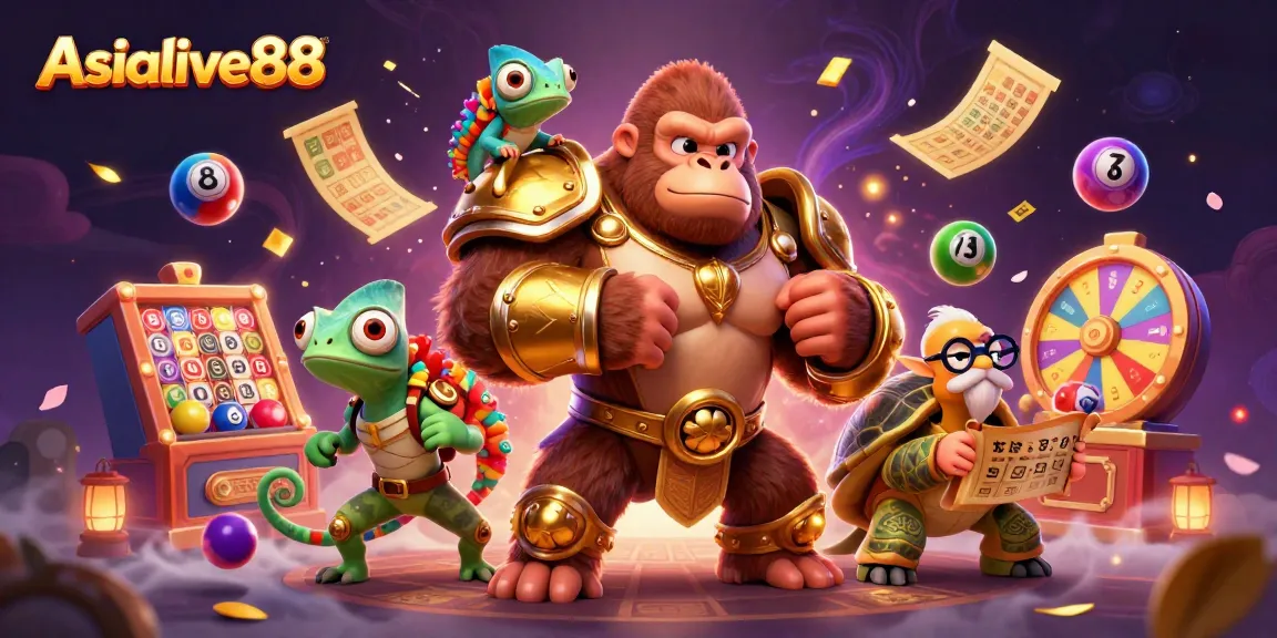 Asialive88 slots action with a dynamic scene of a gorilla king, chameleon, and tortoise amidst vibrant gaming elements.