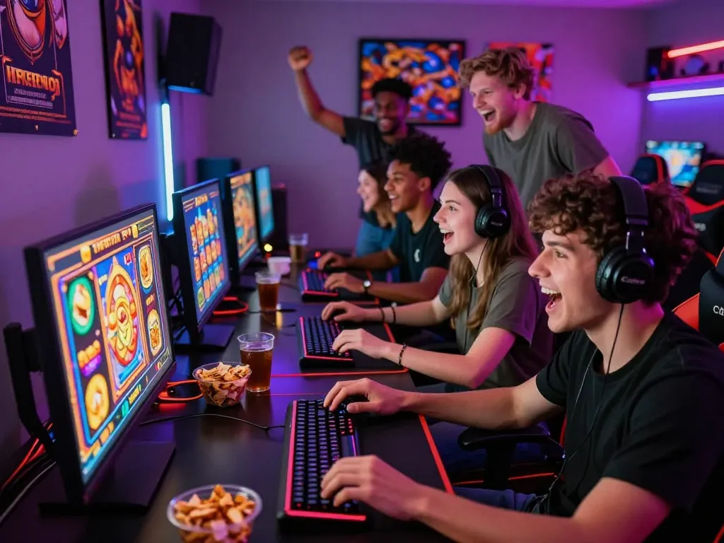 Teman-teman menikmati sesi permainan yang mendebarkan dengan slot gacor hari ini, menampilkan grafik permainan slot yang cerah dan atmosfer yang hidup.